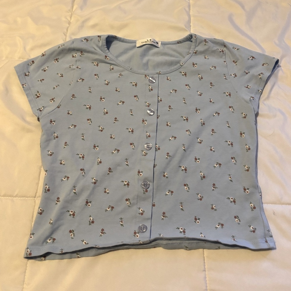 Floral Button-Front Sky Blue Crop Top